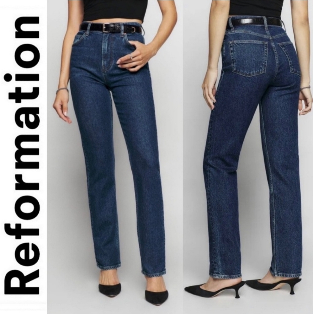 Reformation Jeans Liza High Rise Straight Leg Huntington 23 Dark Medium Wash